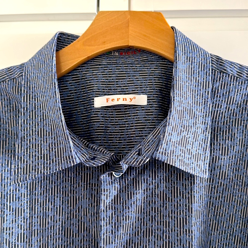 Men's Ferny  Button Down Shirt W Light Blue Pattern Blue Striped Shirt
